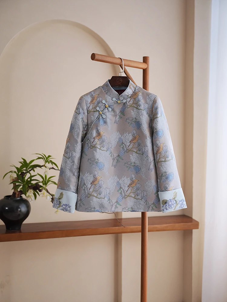 【小绿萝服饰】烟灰玉兰  冬季新款新中式国风版玉兰花加棉外套