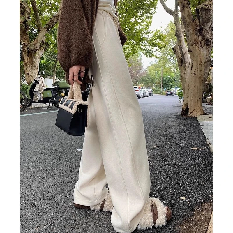 大码软糯醋酸羊毛呢直筒裤女胖mm秋冬新款加绒高腰窄版阔腿休闲裤