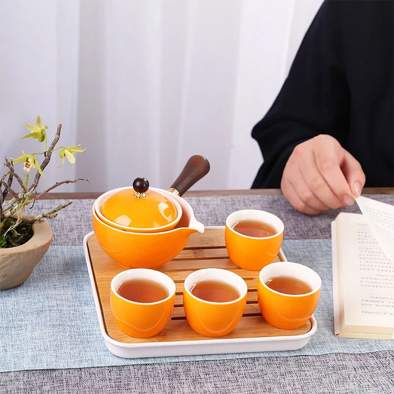 户外旅行茶具套装一壶四杯侧把泡茶壶陶瓷旋转小功夫茶具家用茶杯