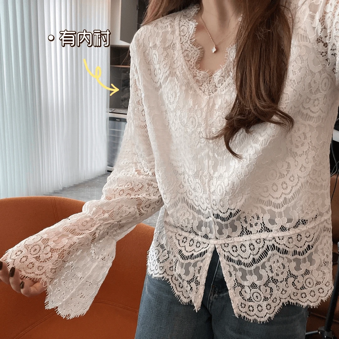设计感小众拼接镂空蕾丝打底衫2025新款气质显瘦内搭洋气衬衫上衣