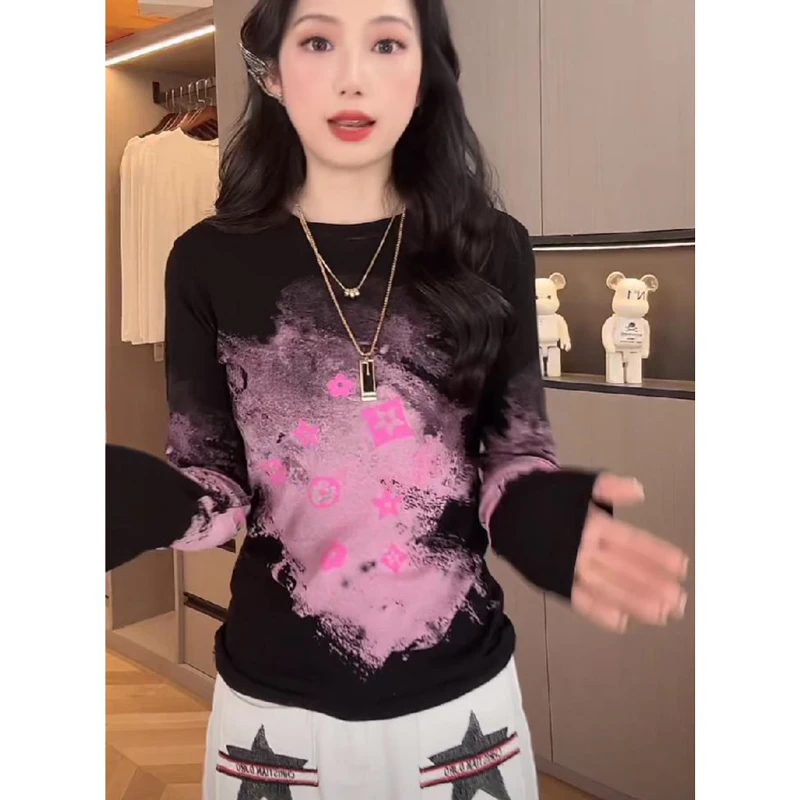欧货2024早春新款形状印花长袖遮肉显瘦修身时尚百搭纯棉打底衫
