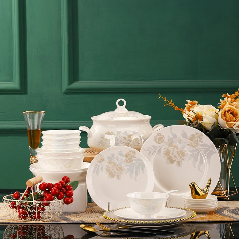 国花牡丹81件骨瓷景德镇餐具结婚新中式创意乔迁送礼碗碟碗盘套装