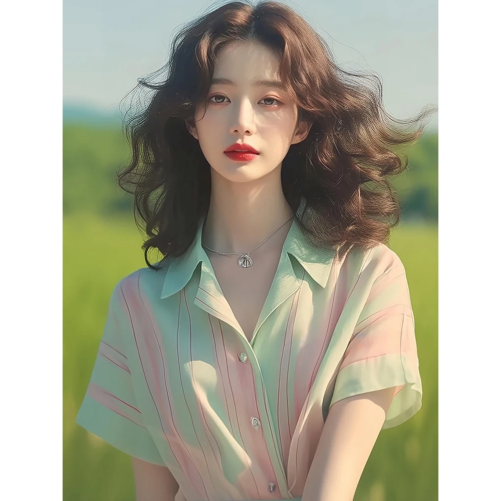 夏日港风穿搭绿色条纹短袖雪纺衬衫文艺小清新洋气高端别致小衫女