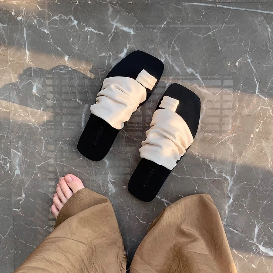 真皮方头套趾褶皱堆堆平底夹趾拖鞋女外穿 网红夏季