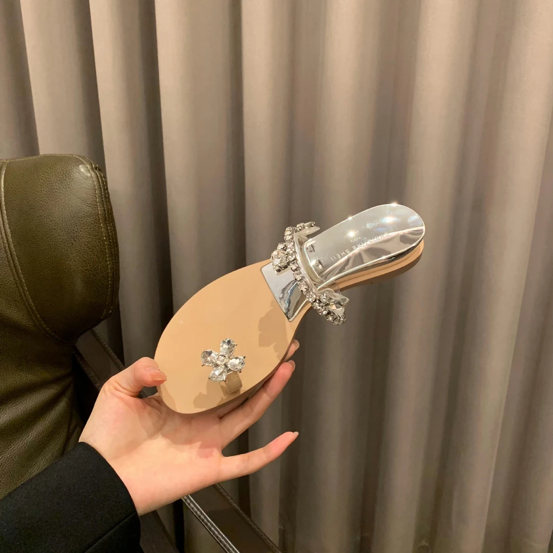 新款花钻扣坡跟套趾平底拖鞋女凉拖外穿春