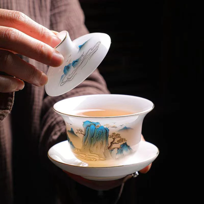 羊脂玉瓷三才盖碗白瓷功夫茶具配件中式陶瓷家用特大号茶杯带盖