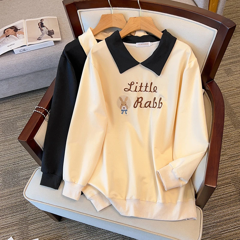 大码女装300斤胖MM韩版减龄拼接翻领撞色休闲长袖卫衣7185