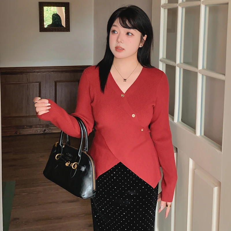 【岩心】大码女装220斤胖MM时尚设计感不规则宽松v领针织衫22792
