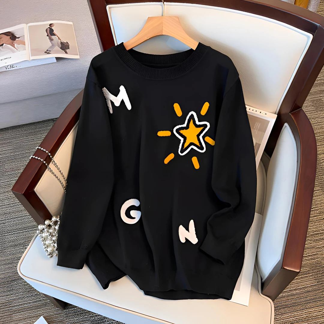 【岩心】大码女装300斤胖MM休闲减龄卡通圆领套头毛衣针织衫8515