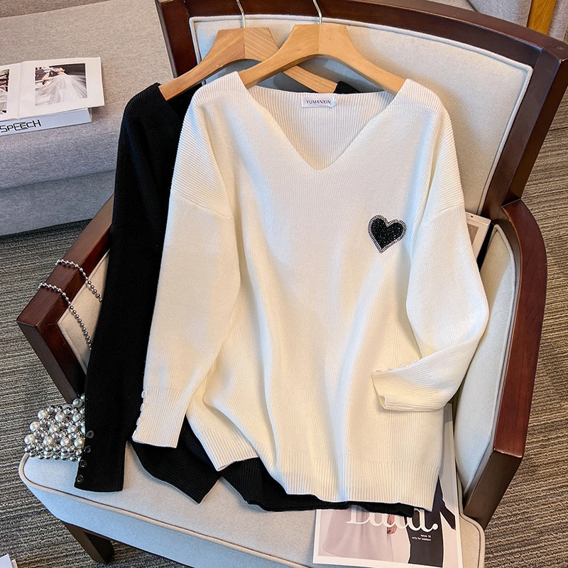 【岩心】大码女装300斤胖MM秋冬宽松百搭加厚V领打底毛针织衫8056