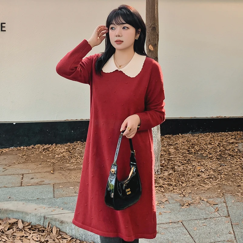 【岩心】大码女装220斤胖MM时尚百搭娃娃领撞色中长直筒连衣裙22715