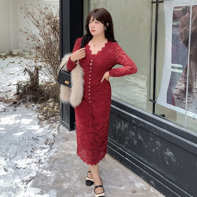 3店k2590大码女装260斤胖MM法式蕾丝V领气质修身长款收腰连衣裙