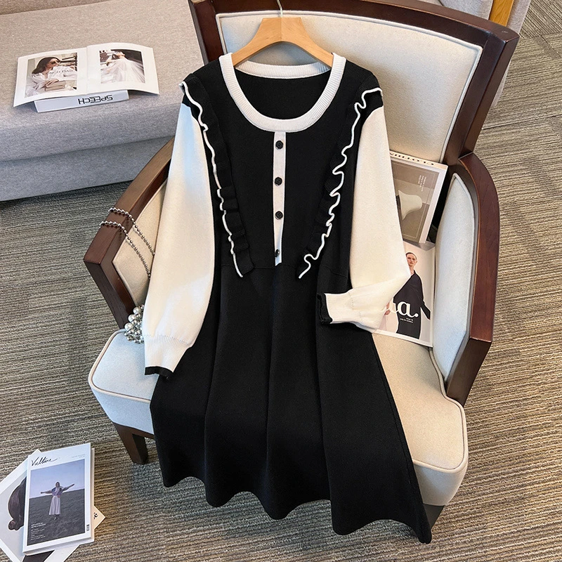 大码女装300斤胖MM秋冬拼接撞色宽松中长款针织连衣裙8060