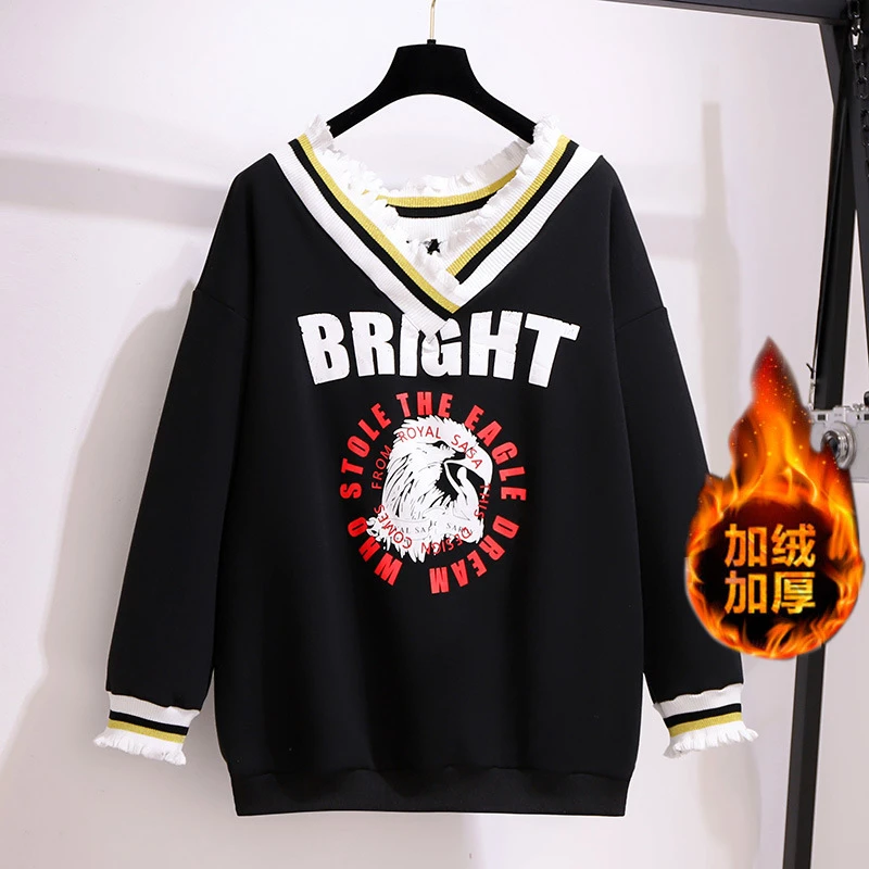 【岩心】大码女装300斤胖MM设计感韩版宽松慵懒风V领长袖卫衣1660