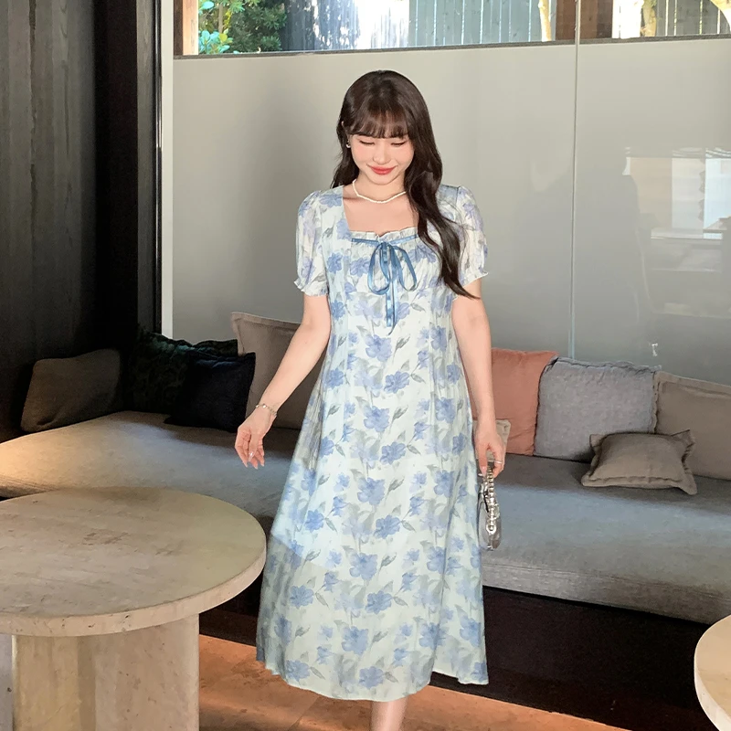 3店SC63398大码女装220斤胖MM法式度假风碎花清新方领收腰连衣裙