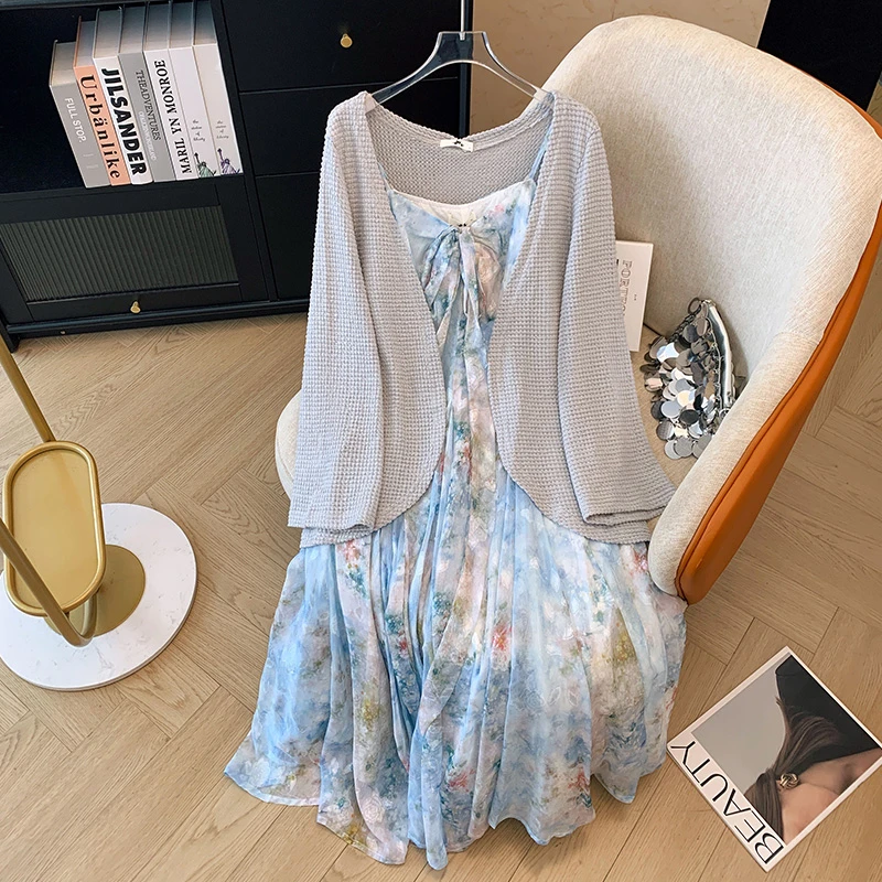 3店66590大码女装300斤胖MM田园风碎花吊带连衣裙针织外搭两件套