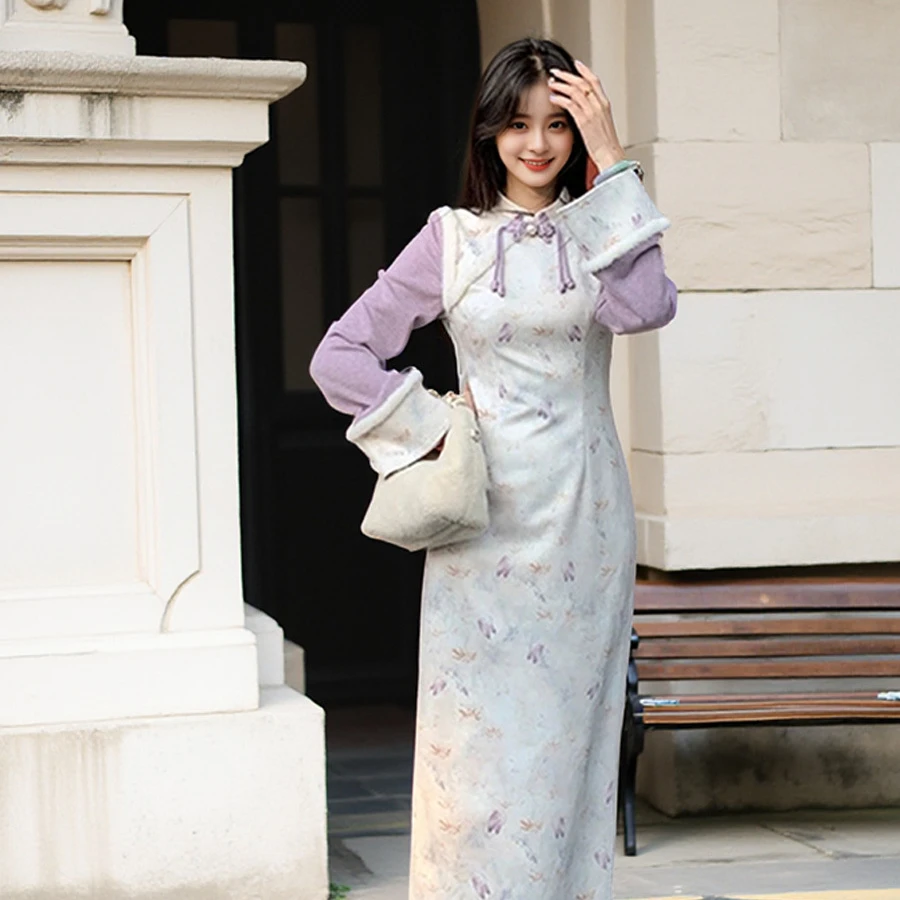 【岩心】大码女装300斤M复古禅意气质改良旗袍长袖连衣裙66717