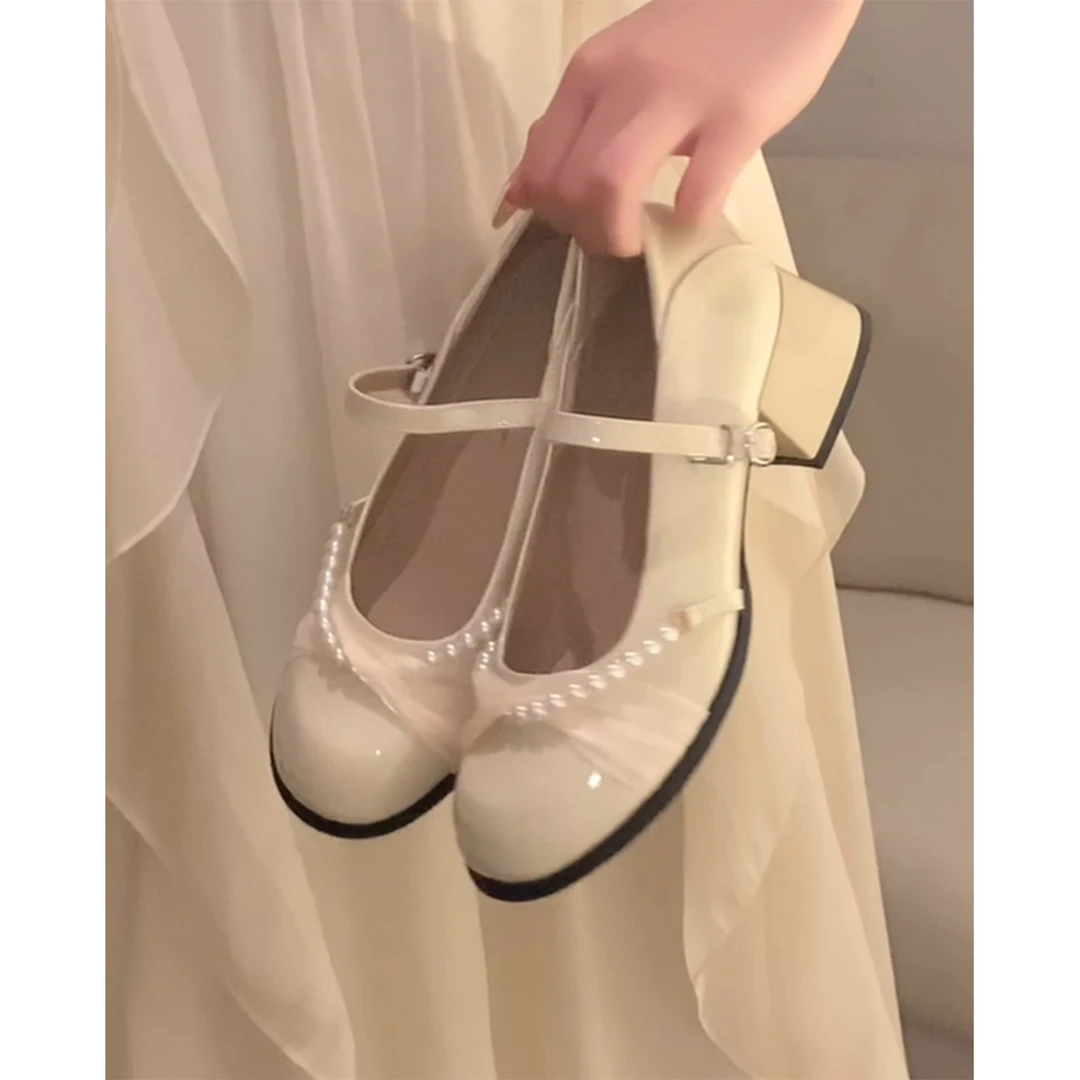 春秋法式仙女风网纱粗跟圆头玛丽珍鞋浅口单鞋珍珠温柔淑女小皮鞋