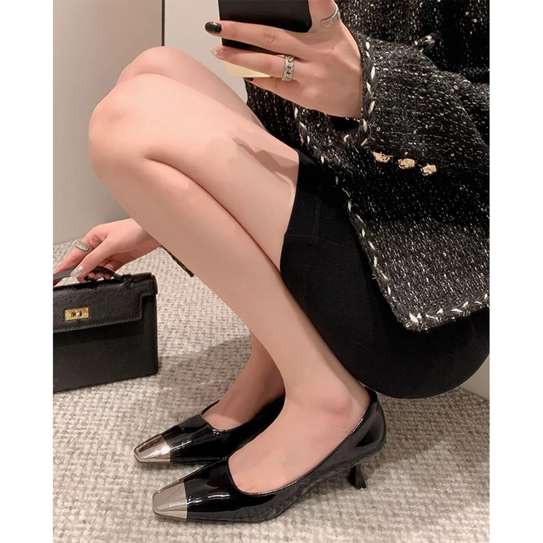 韩风网红爆款高跟鞋细跟小方头气质辣妹小铁头单鞋女神御姐范鞋女