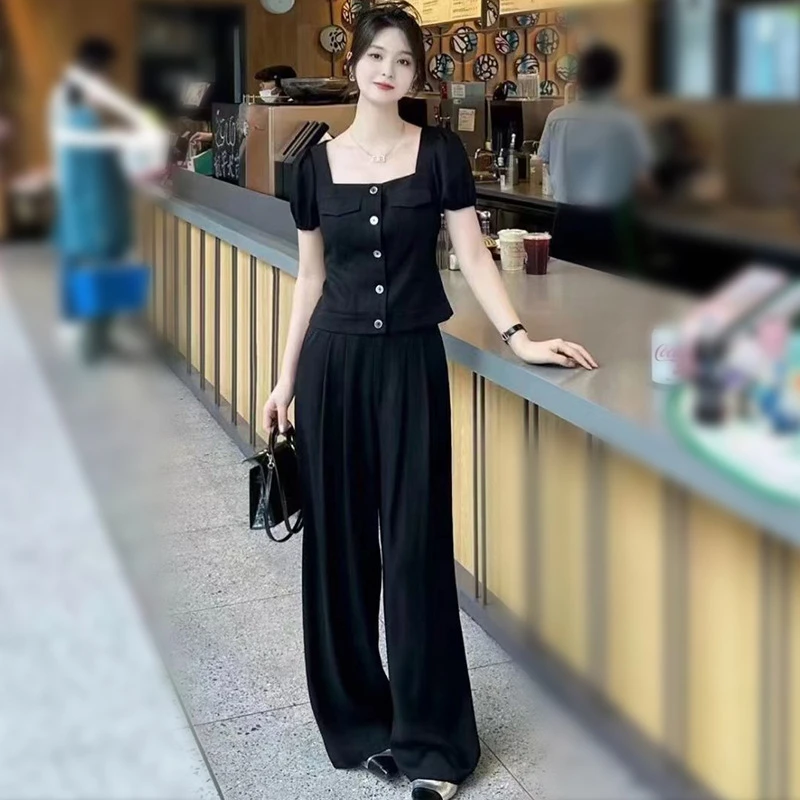 2025夏装新款搭配一整套女法式气质方领短袖上衣五一旅游出街衣服
