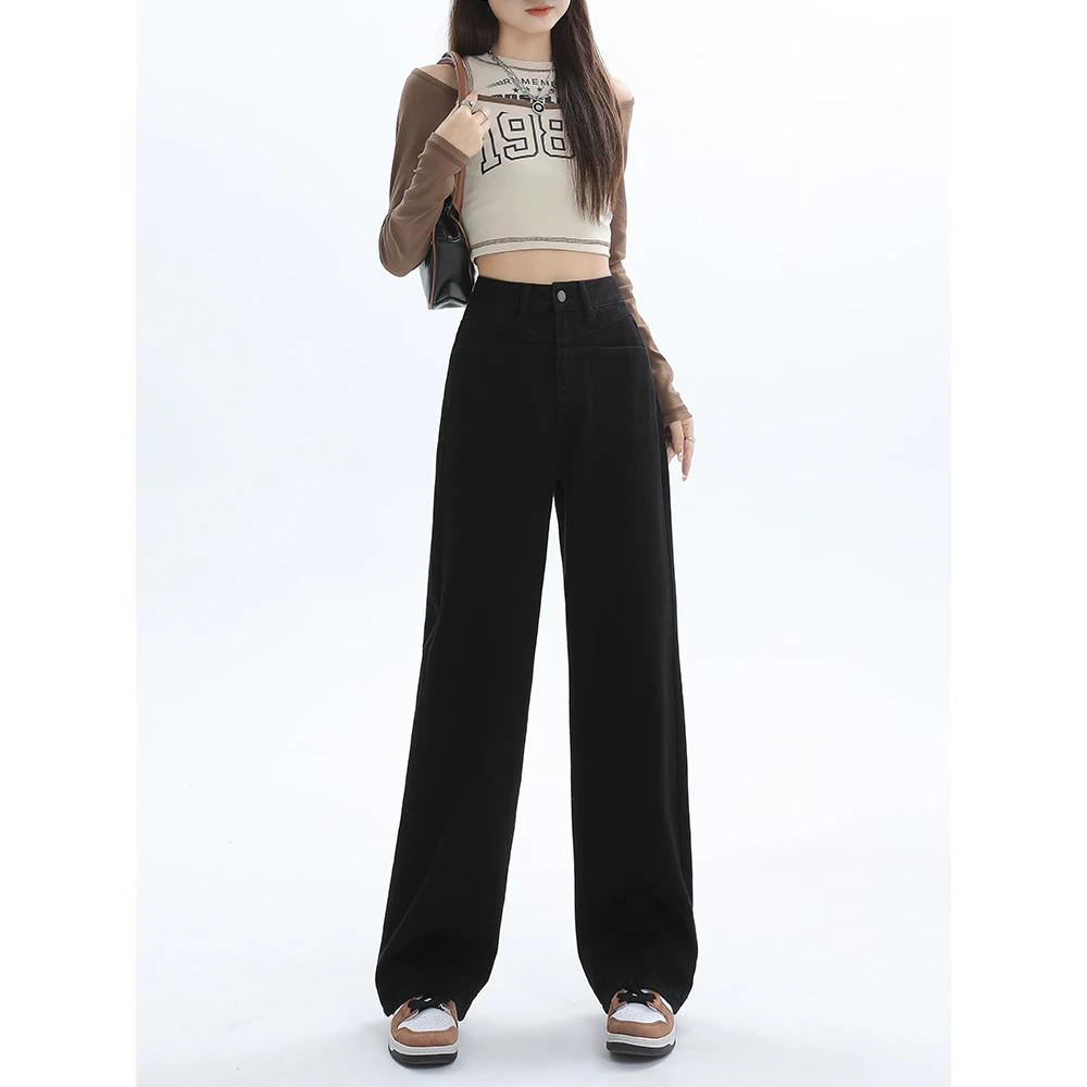 秋季新款窄版阔腿长裤微胖直筒裤黑色宽松显瘦垂感拖地裤长裤8278