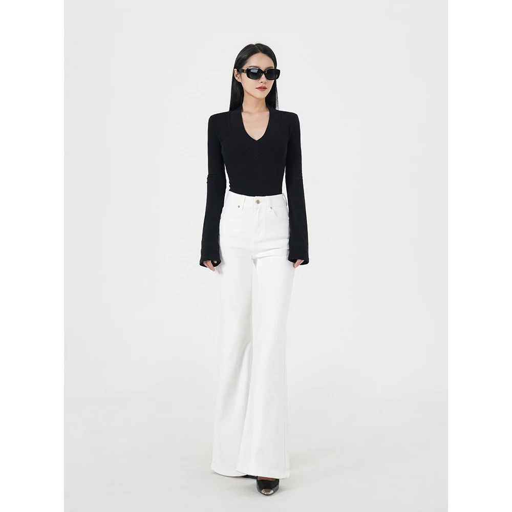 白色辣妹极简风微喇牛仔裤女2024秋冬新款高级设计感有弹力微喇裤