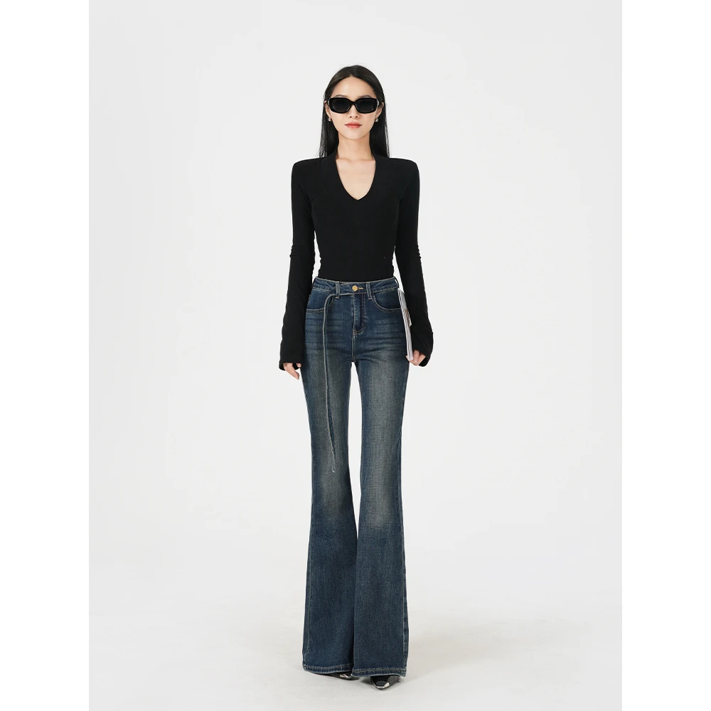 复古高腰微喇牛仔裤女春秋季2025新款小众设计感辣妹显瘦喇叭裤子