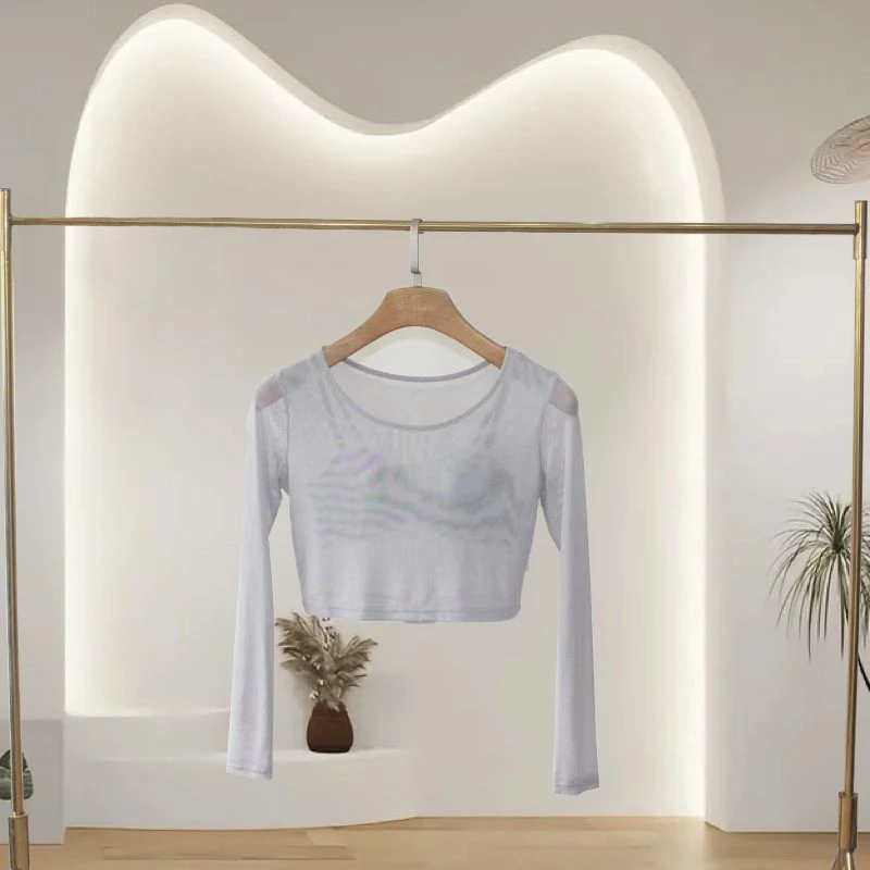 冰丝夏季加大网纱打底衫短款长袖洋气圆领t恤百搭性感修身显瘦