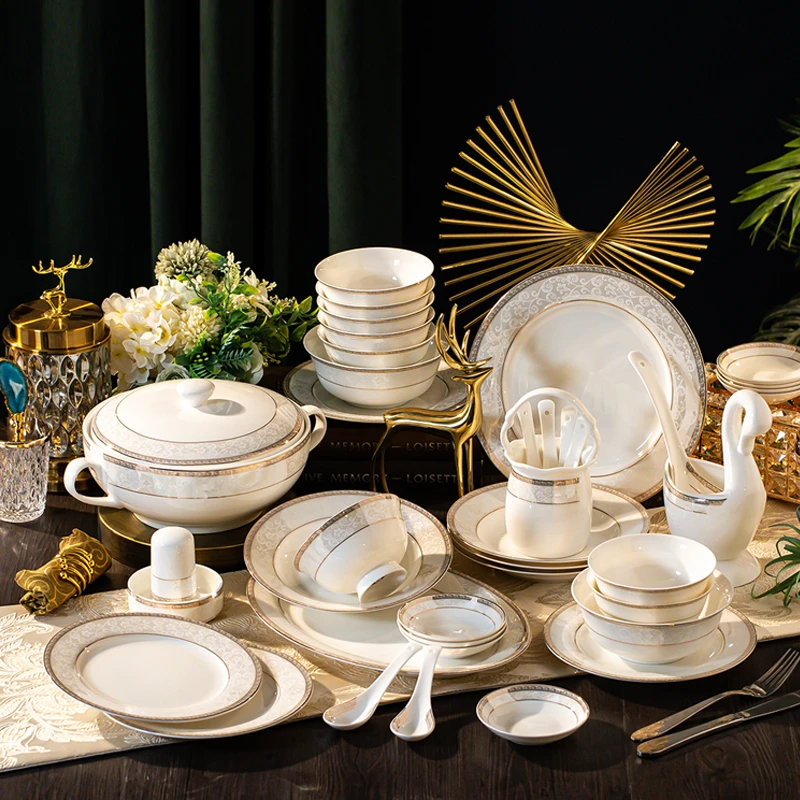 时尚小资60头骨瓷餐具套装碗碟套装家用景德镇瓷器碗盘子组合送礼