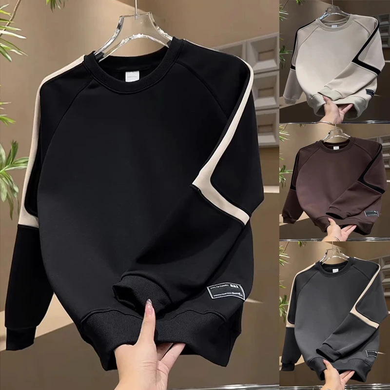 2024秋冬新款潮流韩版圆领卫衣长袖拼接打底上衣潮牌宽松帅气