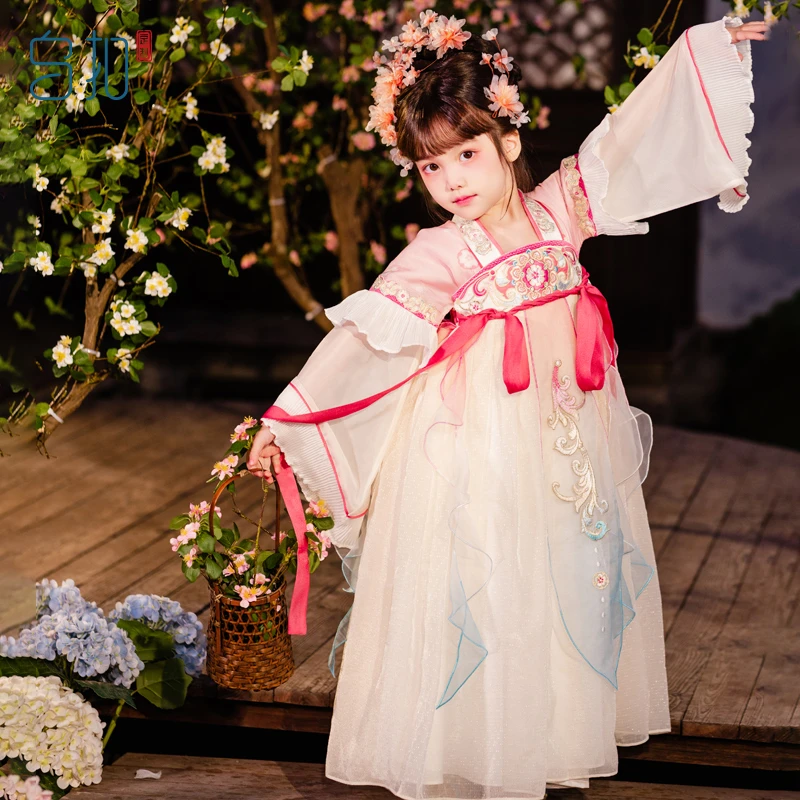乌扣繁枝女童汉服春秋儿童国风套装中国风古装超仙长袖连衣裙女孩