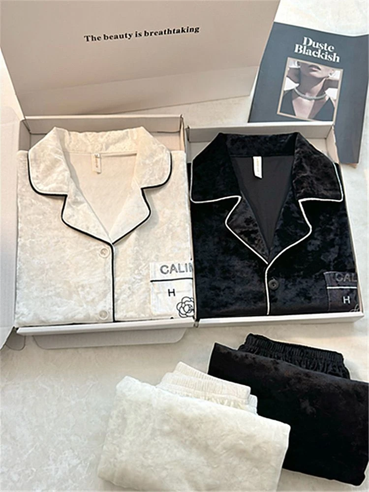 情侣山茶花情侣睡衣女长袖长裤情侣套装金丝绒家居服睡衣一男一女