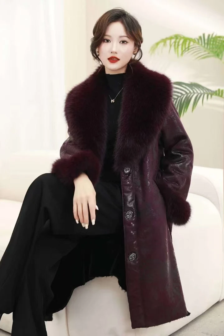 【文文家】CT8502秋冬外套女中长款毛领妈妈装仿水貂皮毛一体大衣