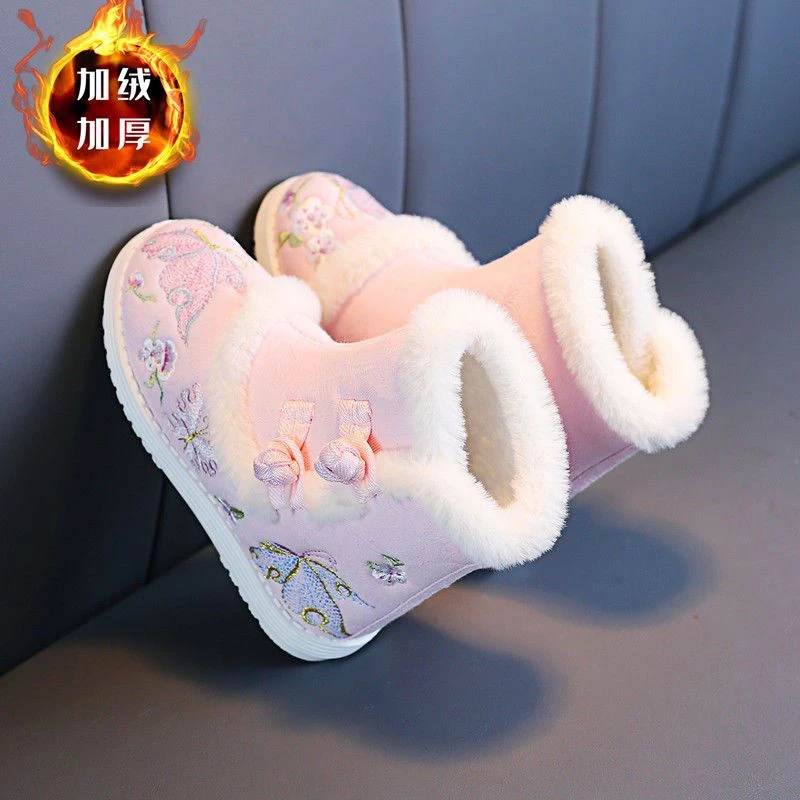冬季古装汉服鞋儿童绣花鞋女童棉靴子老北京加厚棉鞋中国风演出鞋