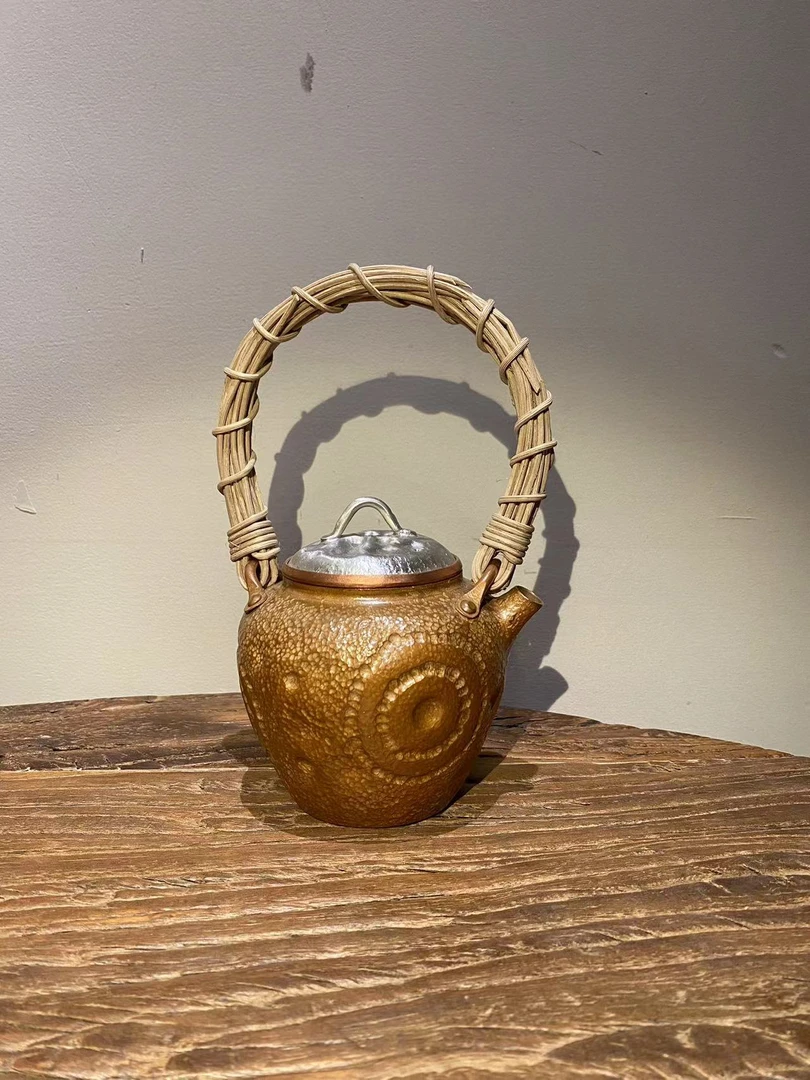 锤纹铜壶藤编陨石纹煮水泡茶壶复古纯手工泡壶提梁壶 侘寂个性