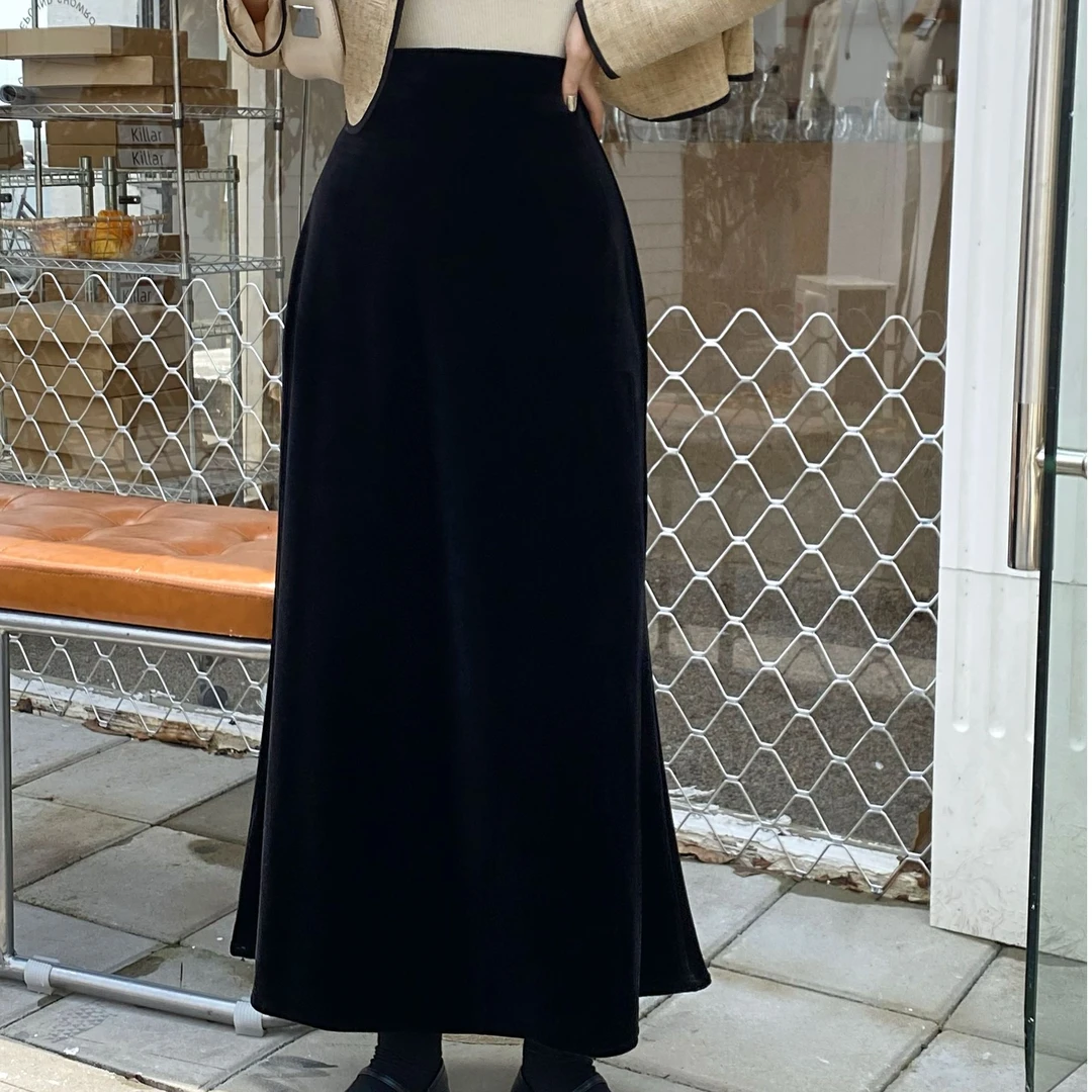 金丝绒不加绒中长款鱼尾半身裙女2024秋冬新款黑色高腰显瘦5055-2