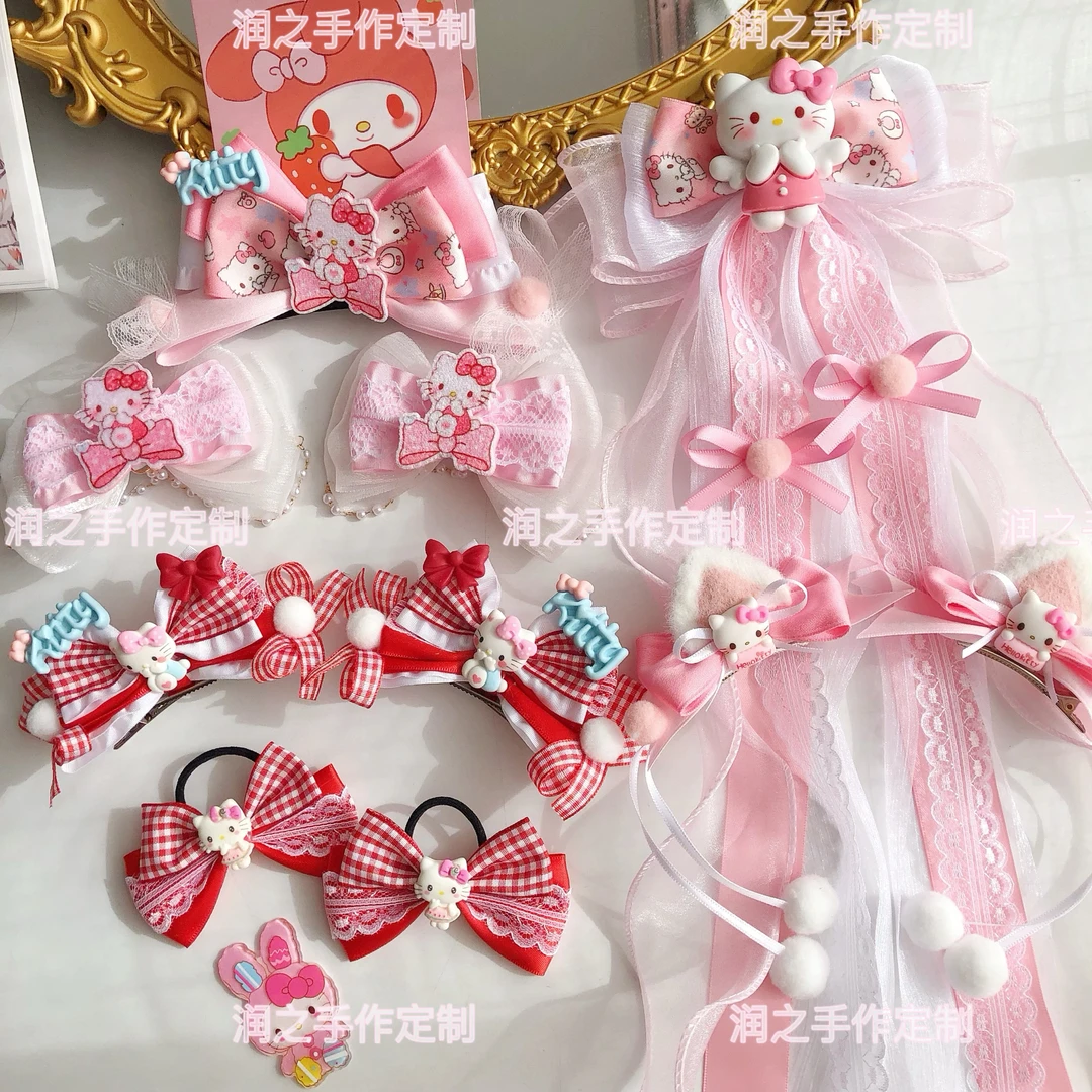 手作凯蒂猫洛丽塔发夹可爱女童KT猫耳朵对夹立体顶夹粉红色