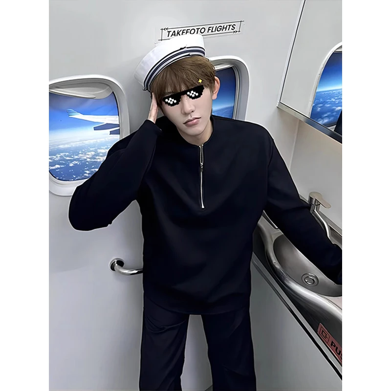 cleanfit黑色半拉链卫衣男春秋款ootd穿搭男生长袖t恤内搭打底衫