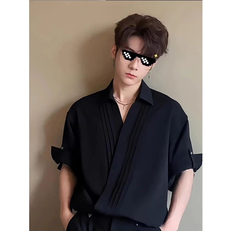 高级感褶皱短袖衬衫男夏季痞帅斜门襟冰丝衬衣发型师潮牌男装外套