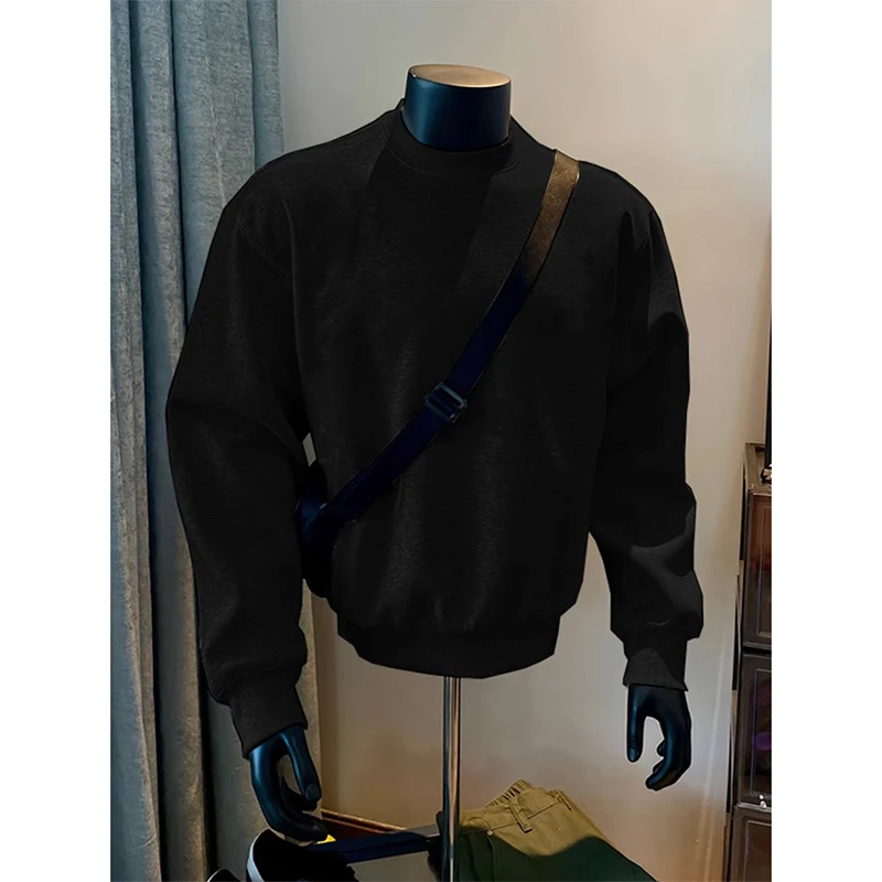 加绒加厚黑色重磅圆领卫衣男秋冬款青少年小领口高级感长袖打底衫