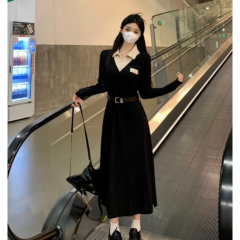 （现货）2024秋新款POLO领收腰显瘦长袖连衣裙1373（送腰带）