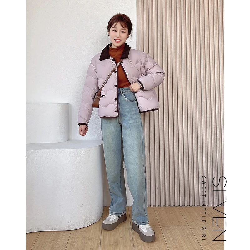 七七146小个子加绒加厚牛仔裤女款冬季保暖百搭休闲显高直筒长裤