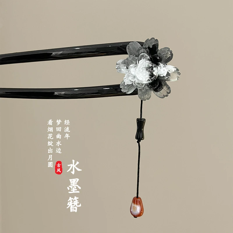 水墨山茶花发簪女u型盘发钗气质古风旗袍汉服簪子