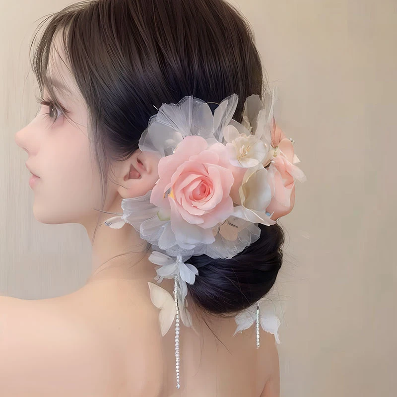 超仙韩式华丽大花朵流苏蝴蝶玫瑰抓夹优雅森系抓夹