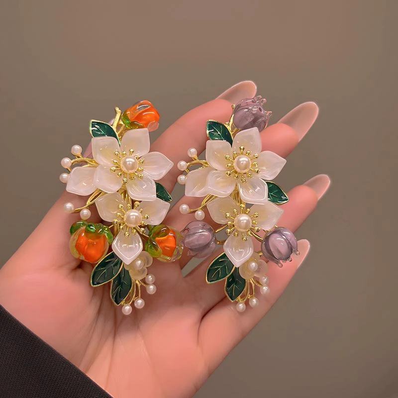 国风柿柿如意仿珠珠发夹女式精美花朵弹簧夹超仙古风汉服装饰发饰