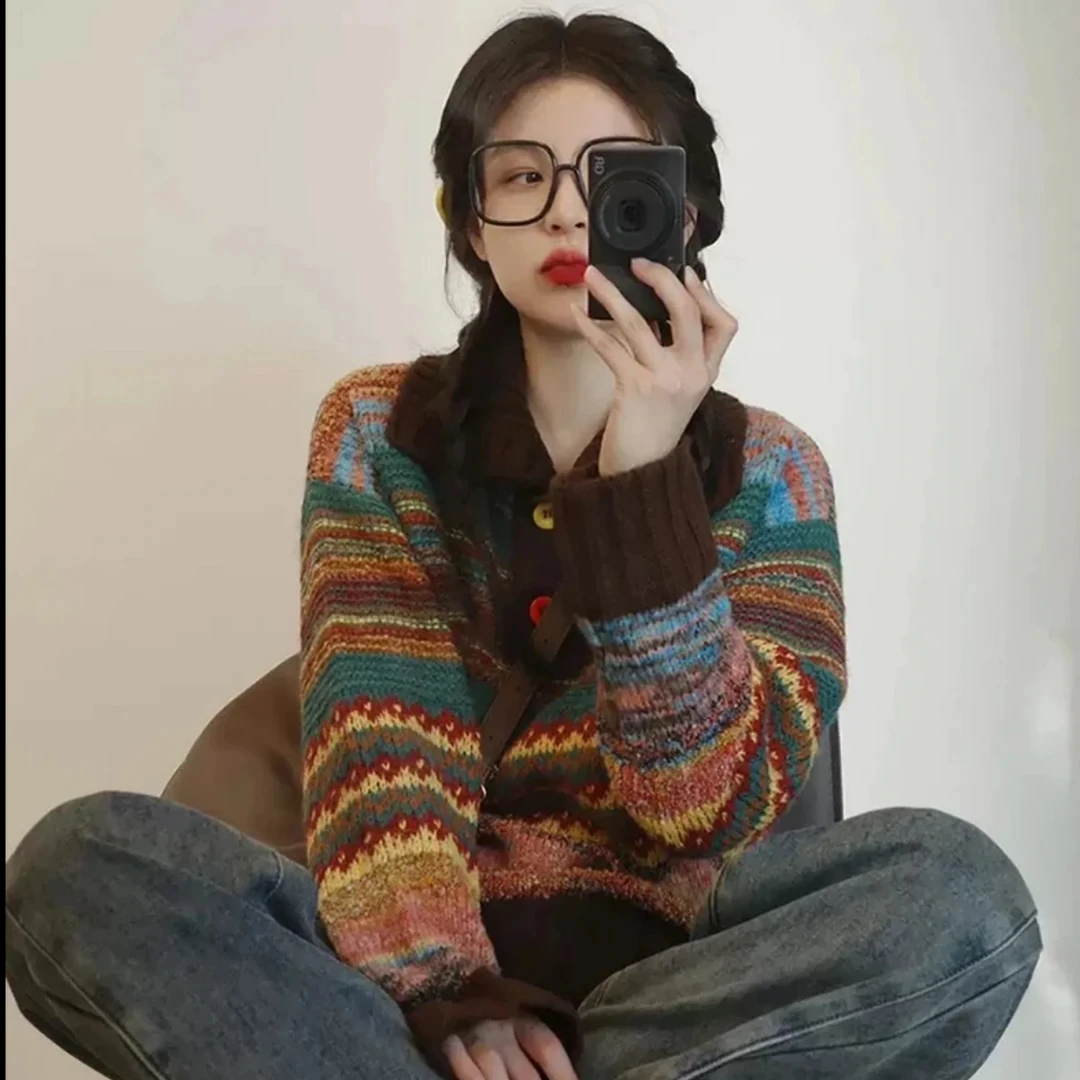 韩版费尔岛毛衣慵懒高级彩色条纹美拉德宽松显瘦毛衣复古针织上衣