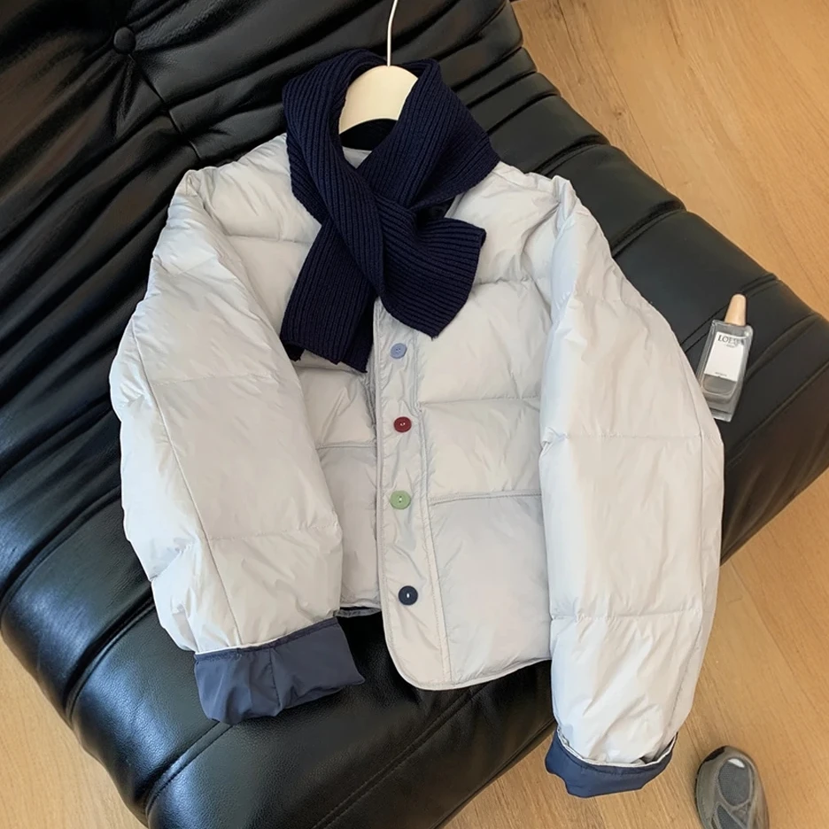 韩系温柔奶蓝色棉服女秋冬季百搭宽松小个子撞色圆领短款棉衣外套