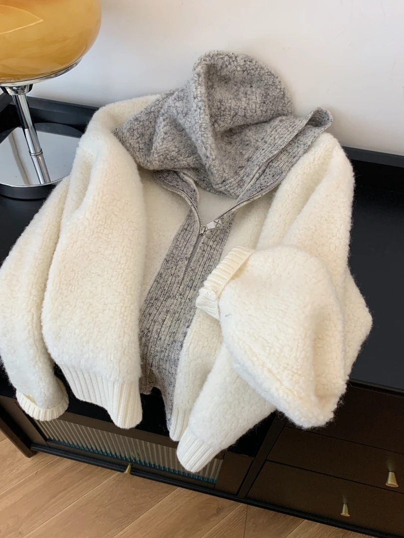 高级感灰白撞色圈圈毛连帽毛衣外套2024年秋冬女宽松慵懒风针织衫