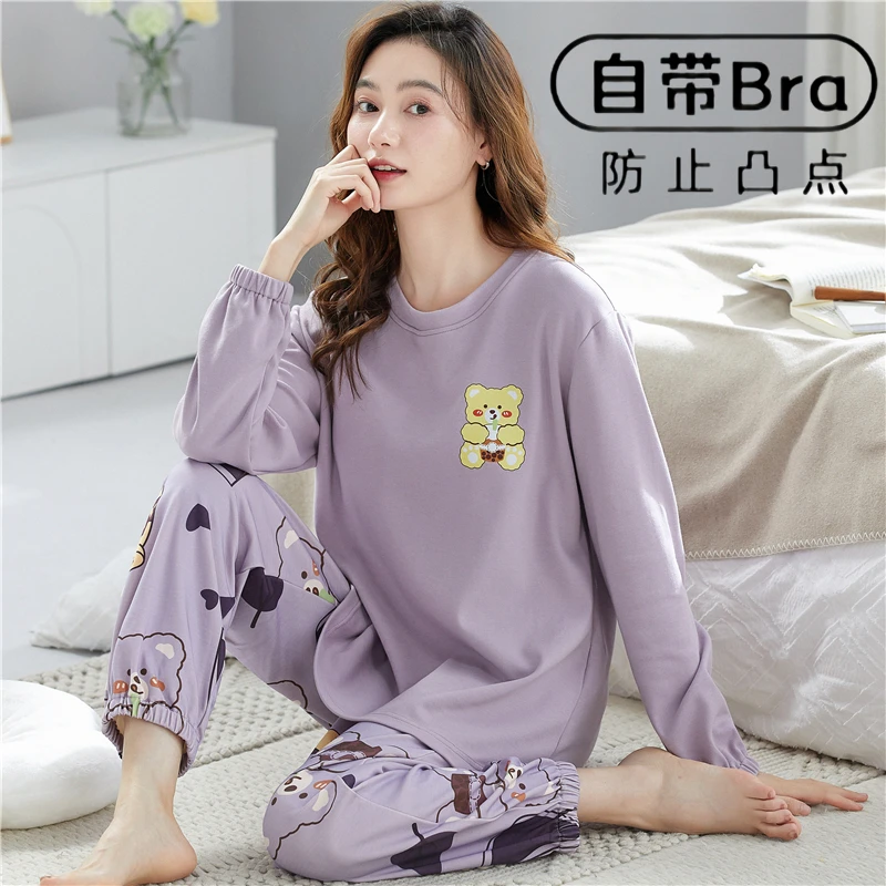 带胸垫睡衣女士长袖家居服套装秋冬季春秋款夏可爱卡通可外出门穿