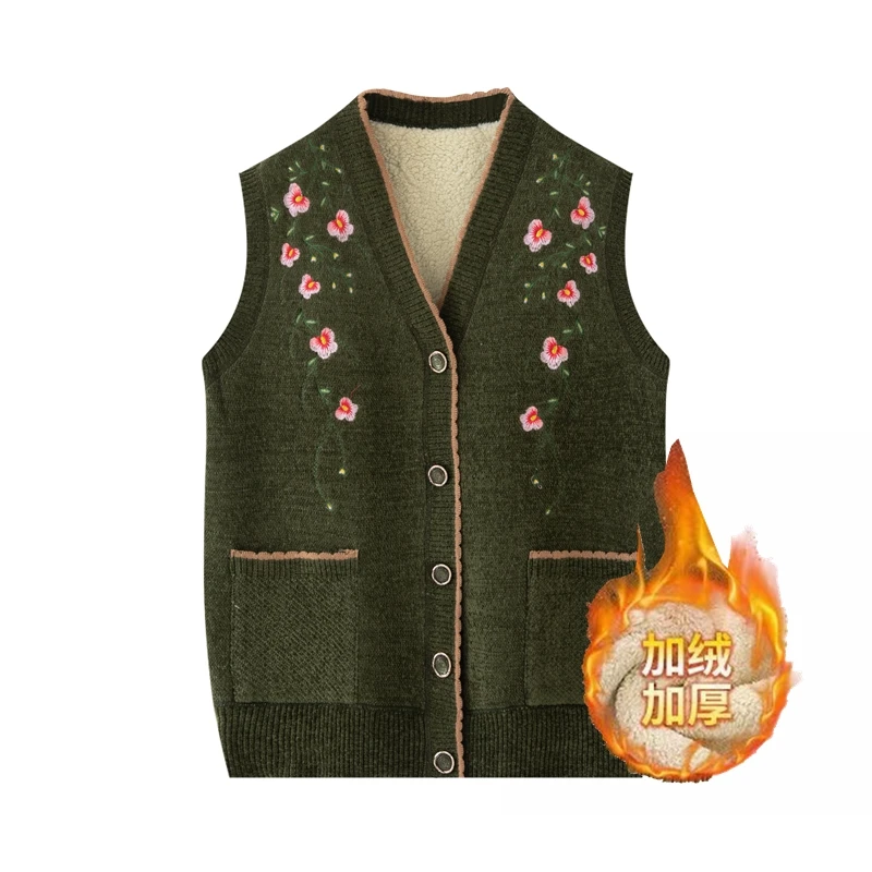 奶奶马甲加绒加厚秋冬款保暖妈妈背心中老年针织马夹40岁50岁60岁